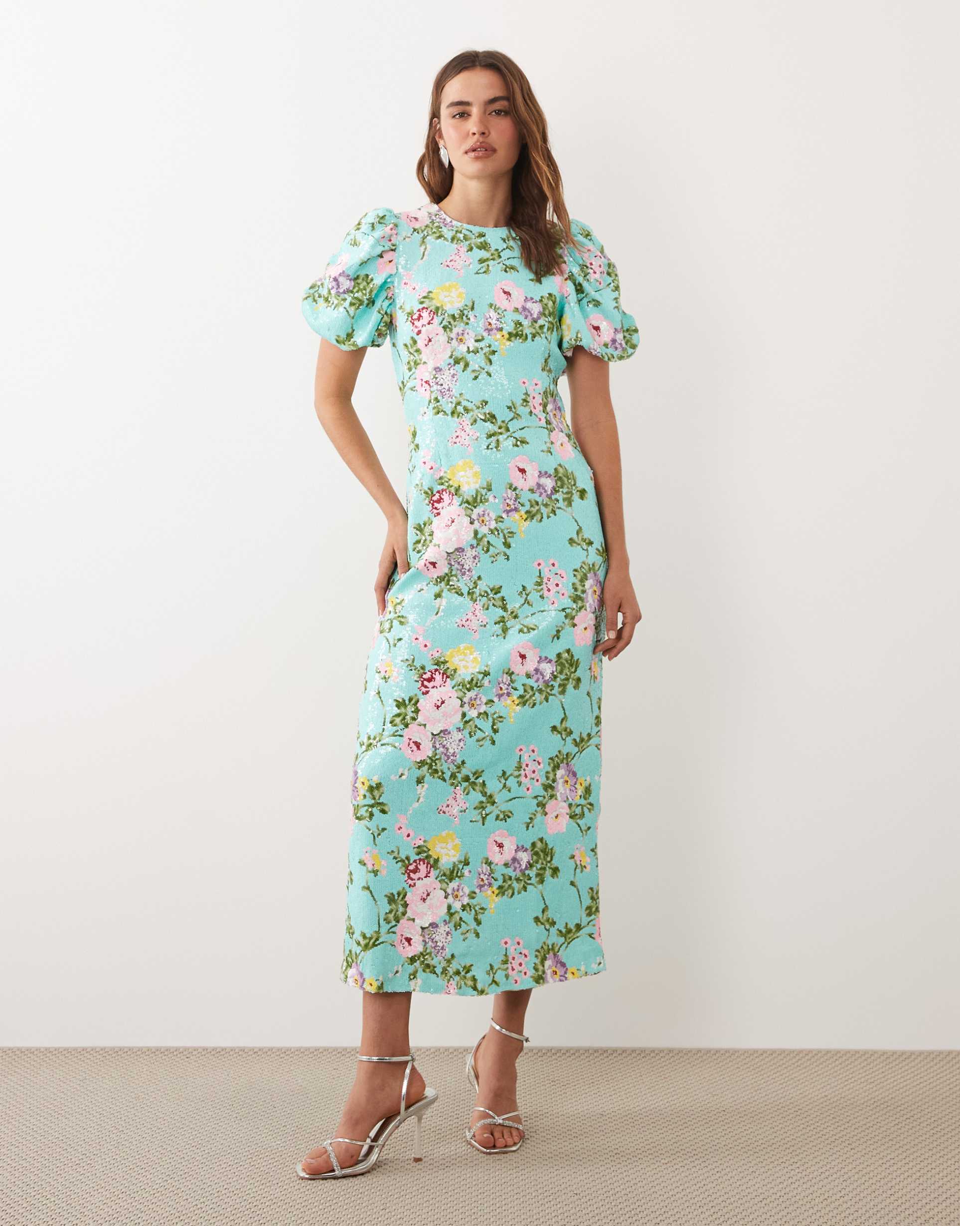 dream sister jane stella sequin embellished puff sleeve round neck maxi dress in turquoise floral