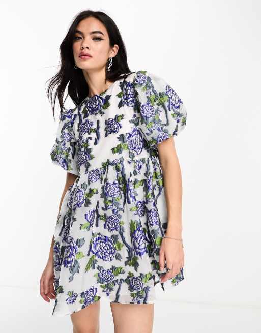 Dream Sister Jane – Sukienka mini oversize w niebieski żakardowy wzór