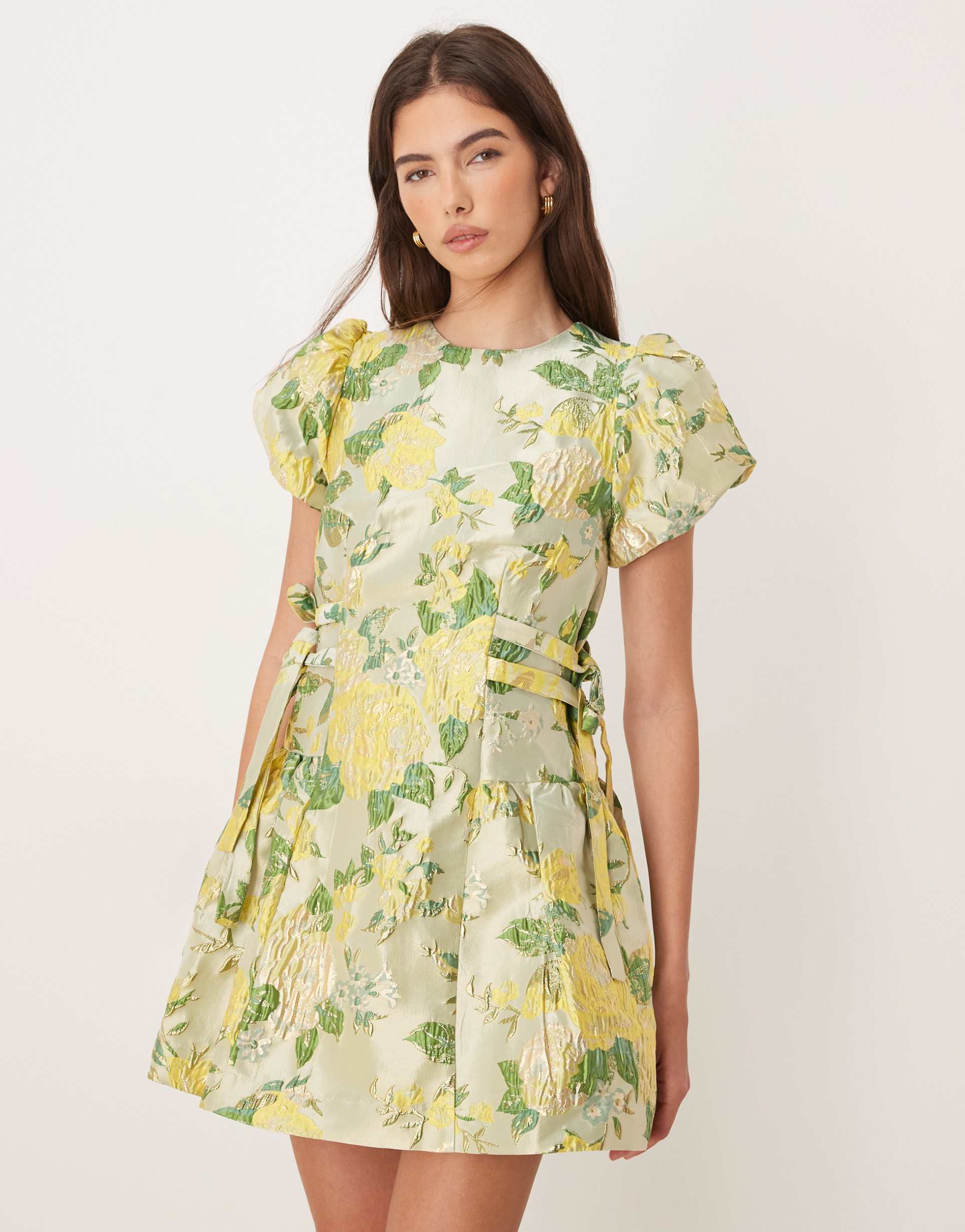 dream sister jane sunspel jacquard puff sleeve tie bow side mini dress in lime floral