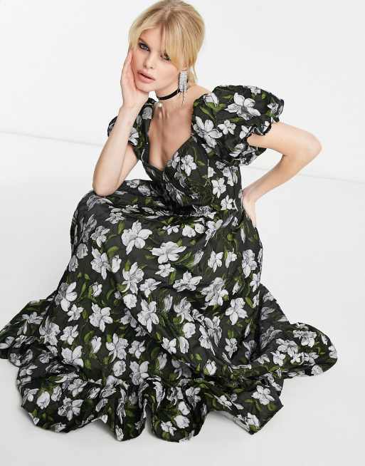 Sarah Twofer Dress In Black And Sketched Floral Jacquard