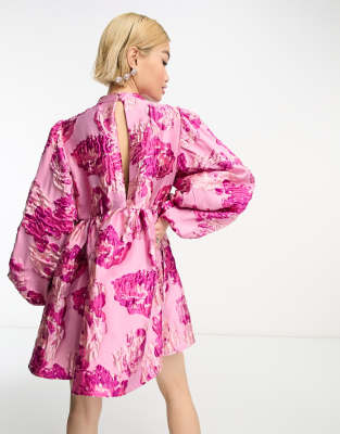 Dream Sister Jane textured jacquard mini dress in pink floral | ASOS