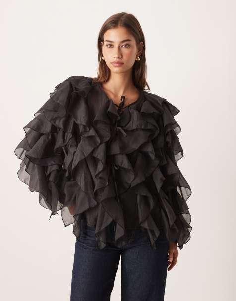 Dream Sister Jane tie front ruffle blouse in black
