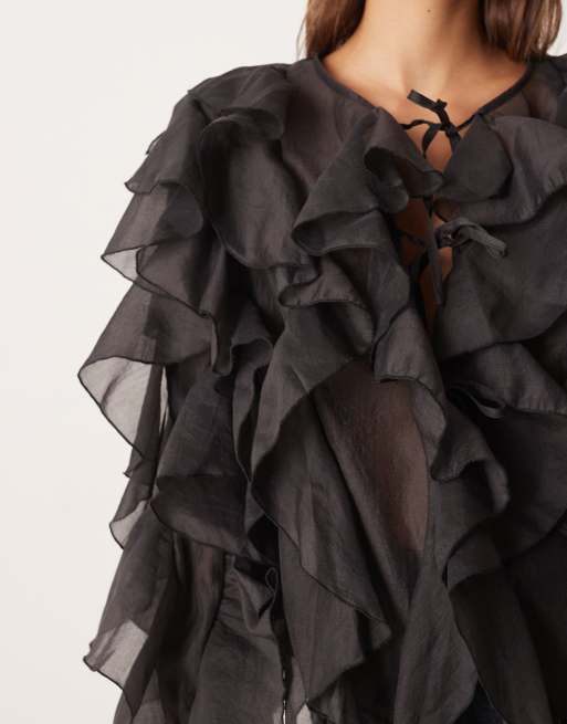 Dream Sister Jane tie front ruffle blouse in black, 2 of 4