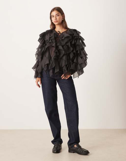 Dream Sister Jane tie front ruffle blouse in black, 3 of 4