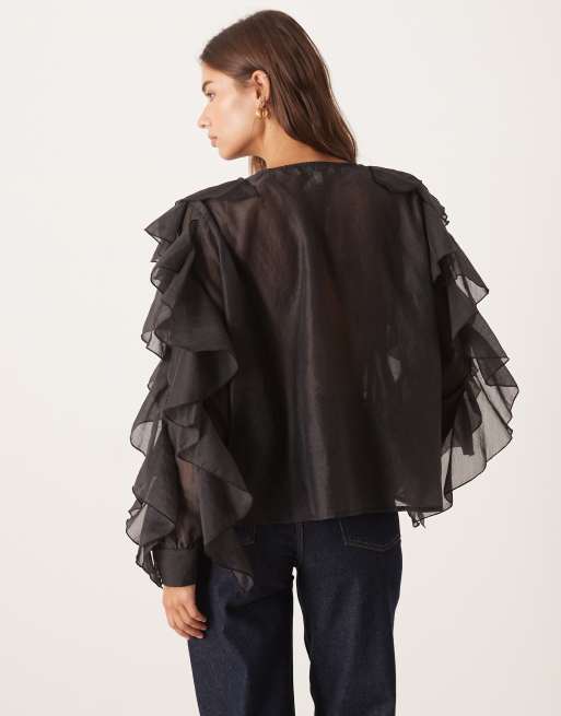 Dream Sister Jane tie front ruffle blouse in black, 4 of 4