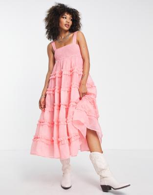 Dream Tiered Organza Midi Dress In Pink