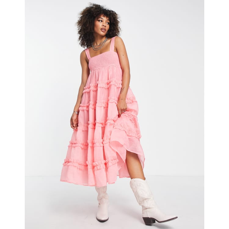 Dream Sister Jane tiered organza midi dress in pink | ASOS