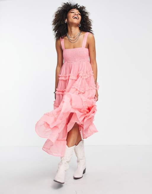 Dream Sister Jane tiered organza midi dress in pink | ASOS