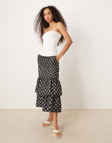 Dream Sister Jane tiered ruffle midi skirt in black polka dot