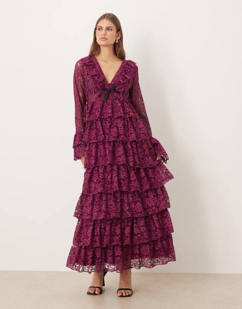 Dream Sister Jane v neck lace maxi dress with tiered skirt in pirple shimmer