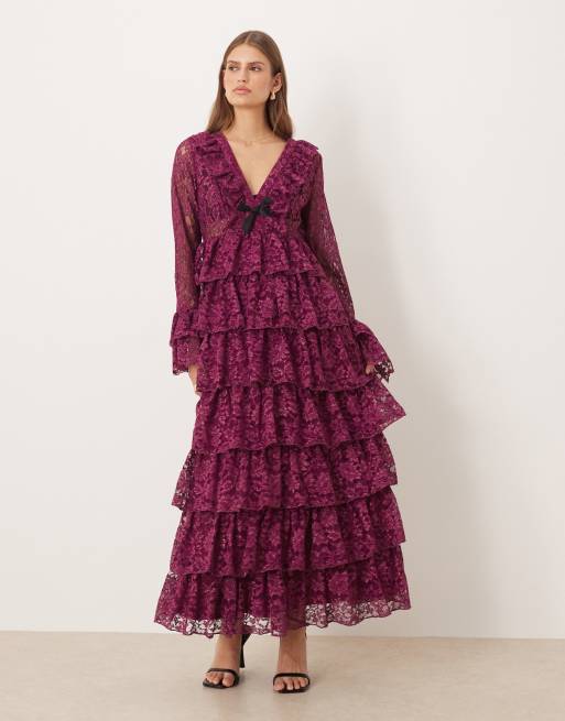 Dream Sister Jane v-neck lace maxi dress with tiered skirt in purple shimmer