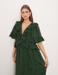 [sister jane] Dream Sister Jane vanity jacquard v-neck maxi dress with ruffles in green M GREEN