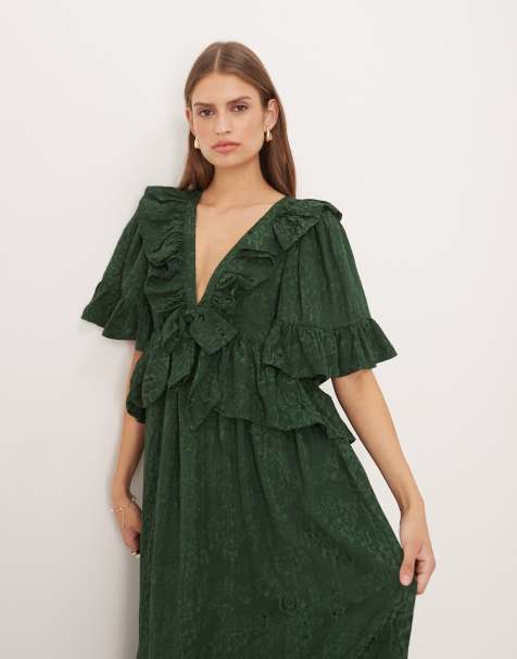 Dream Sister Jane vanity jacquard v neck maxi dress with ruffles in green