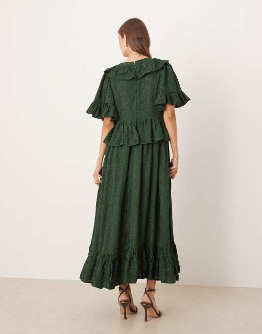 Dream Sister Jane vanity jacquard v neck maxi dress with ruffles in green, 2 of 4