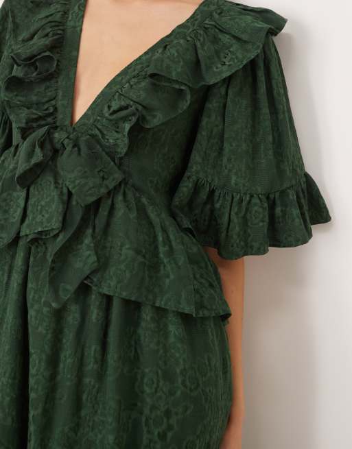 Dream Sister Jane vanity jacquard v neck maxi dress with ruffles in green, 3 of 4
