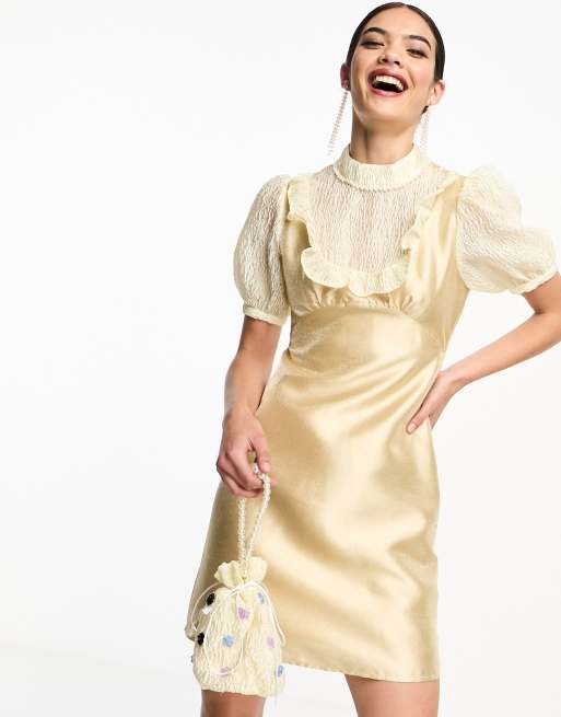 Dream Sister Jane - Vestito corto oro in pizzo e raso jacquard a contrasto in coordinato