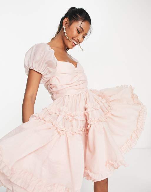 Dream Sister Jane - Vestito da damigella corto a palloncino con maniche corte in organza rosa chiaro