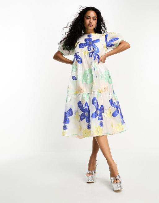 Dream Sister Jane - Vestito grembiule midi in organza a fiori in tonalità vivaci