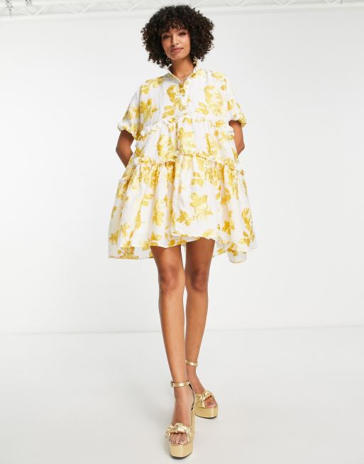 Dream Sister Jane - Vestito grembiule oversize a fiori oro jacquard