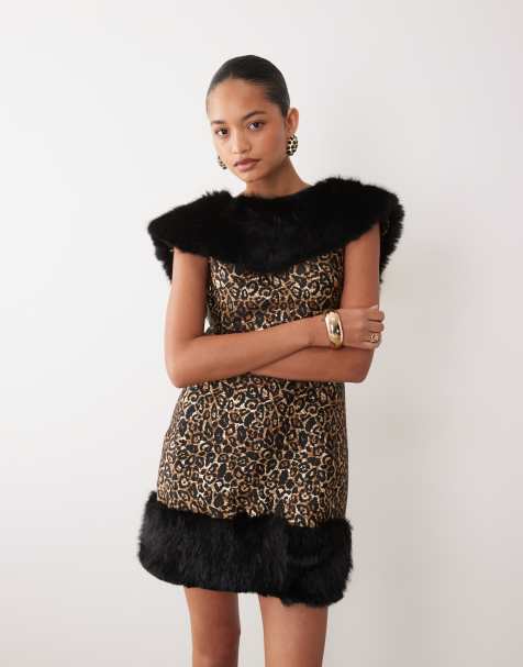 Dream Sister Jane vestito mini leopardato con bordo in pelliccia sintetica e scollo a barchetta - view 1