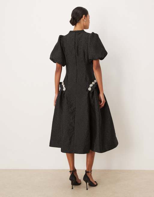 Dream Sister Jane Viola jacquard embellished puff sleeve midi dress in black, 2 of 4