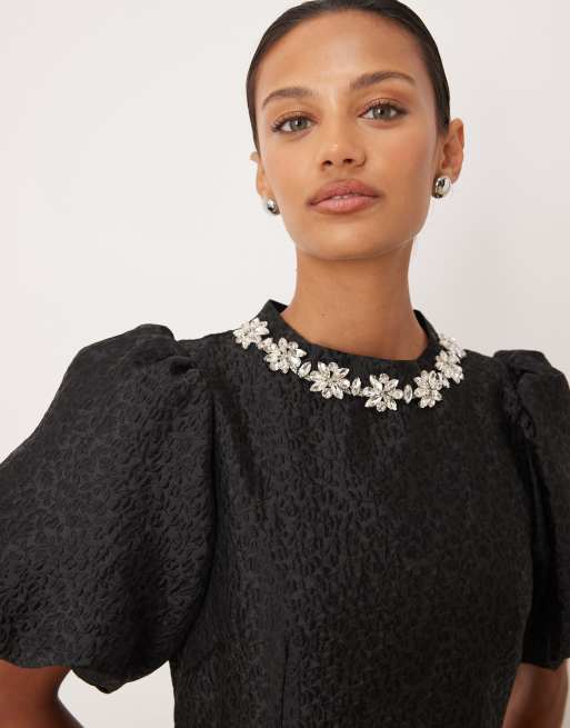 Dream Sister Jane Viola jacquard embellished puff sleeve midi