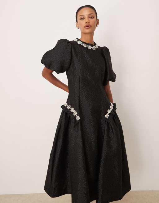 Dream Sister Jane Viola jacquard embellished puff sleeve midi dress in black, 4 of 4