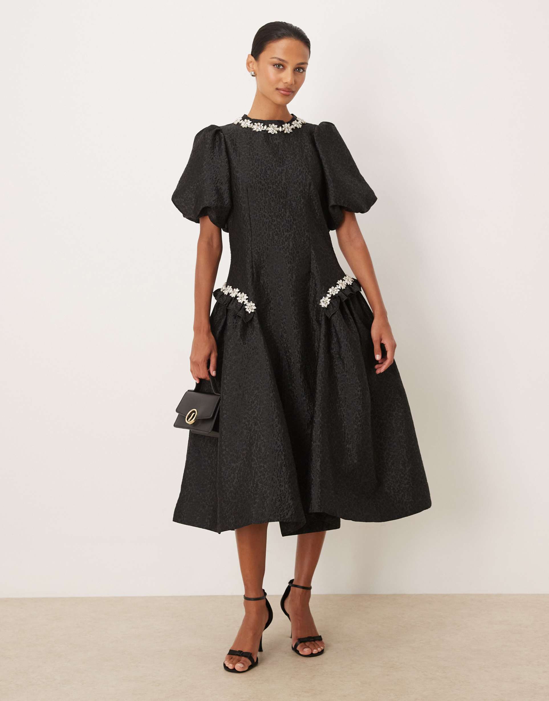 dream sister jane viola jacquard midi dress in black