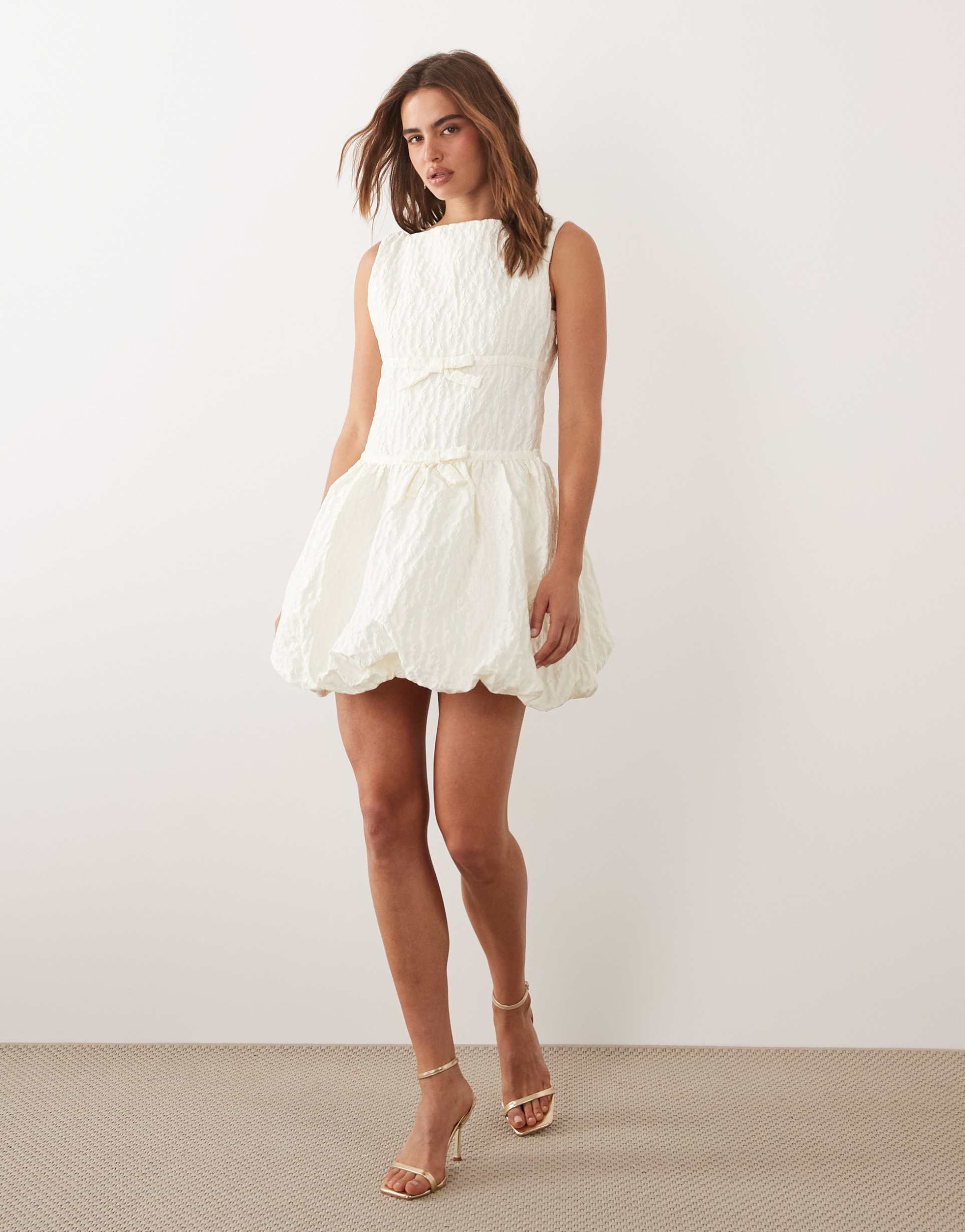 dream sister vitsippa jacquard boat neck sleeveless bubble hem mini dress in ivory