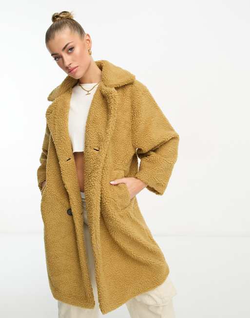 DTT – Beige dubbelknäppt teddyjacka i lång modell