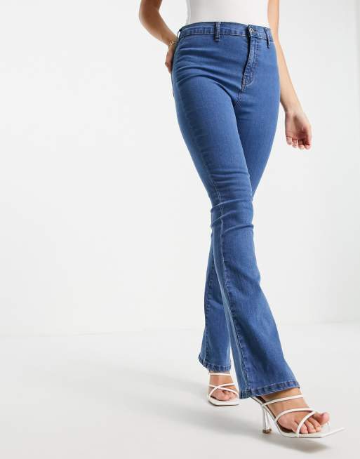 Don't Think Twice DTT Bianca high waisted flare disco jeans in mid blue 