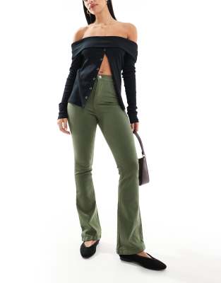 DTT Bianca high waist flared jeans in khaki-Green