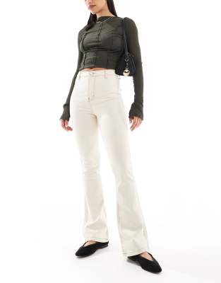 Don't Think Twice DTT Bianca high waist flared jeans with contrast stitching in ecru-White