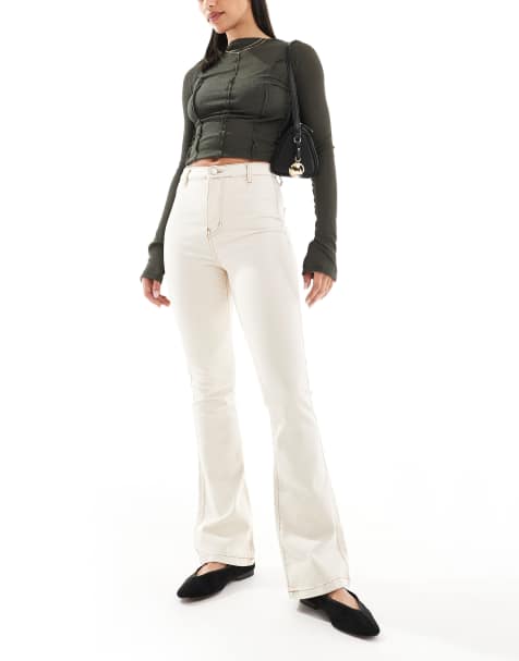 DTT Bianca high waist flared jeans with contrast stitching in ecru - view 1