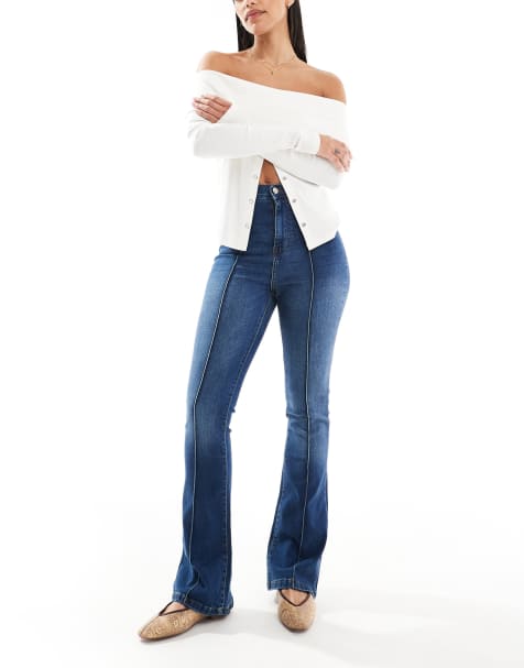 DTT Bianca high waist flared jeans with front seam and heart pocket detail in mid blue - view 1