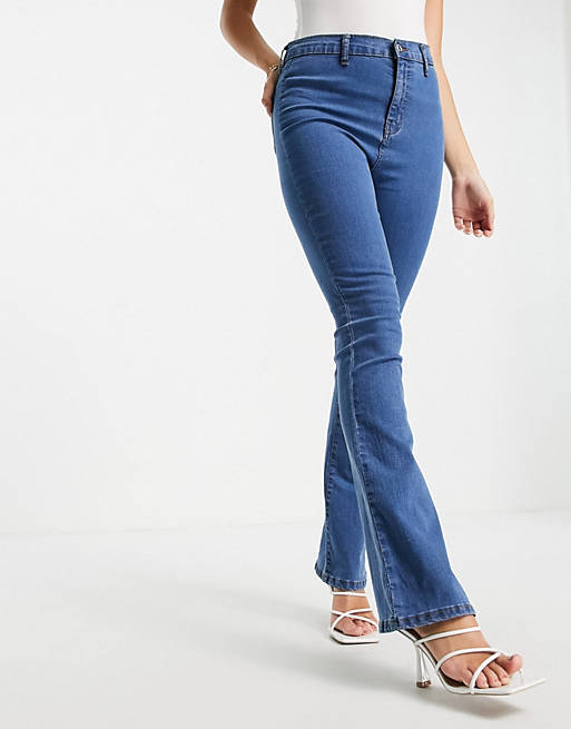 DTT Bianca high waisted flare disco jeans in mid blue 