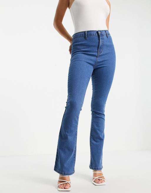 DTT Bianca high waisted flare disco jeans in mid blue , 2 of 4