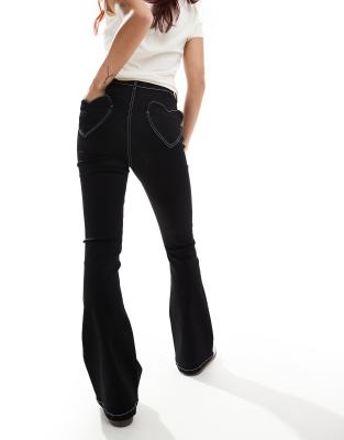 DTT Bianca high waisted wide leg disco jeans with heart pocket detail in black