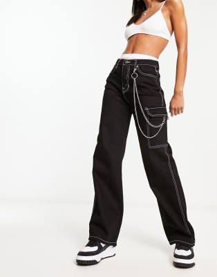 DTT - Blaze - Cargo-Jeans in Schwarz mit weitem Bein und Kette-Black