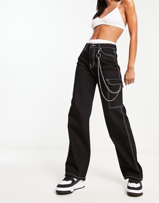 Don't Think Twice - DTT Blaze wide leg cargo jeans with chain in black