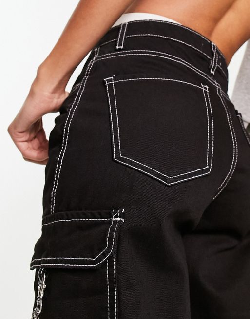 DTT Blaze wide leg cargo jeans with chain in black