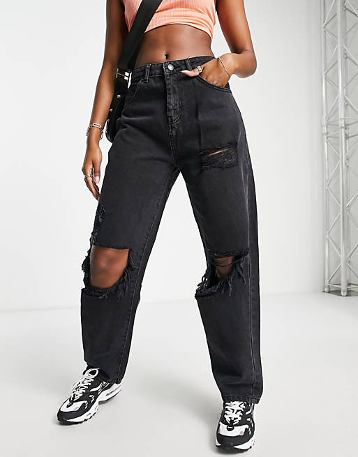 DTT boyfriend jeans with knee rips in washed black | ASOS