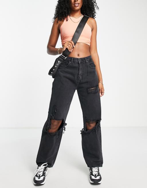 DTT boyfriend jeans with knee rips in washed black ASOS