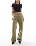 [Don't Think Twice] DTT Brooke baggy skater jeans in dirty olive wash-Green 16 KHAKI