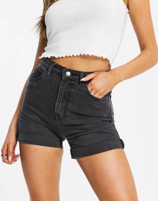 DTT Caidi high waisted denim shorts in washed black 