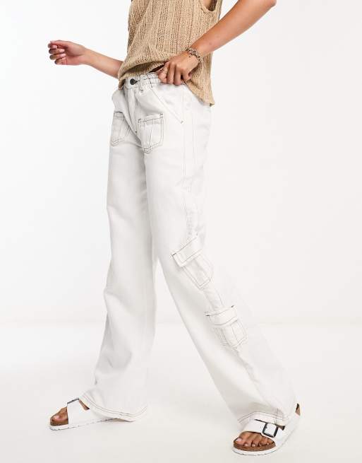 DTT cargo jeans with contrast stitch in white, 4 of 5
