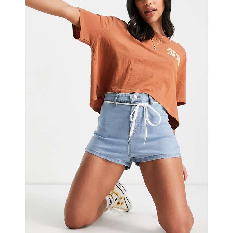 DTT Charlotte high waisted disco denim shorts in light blue