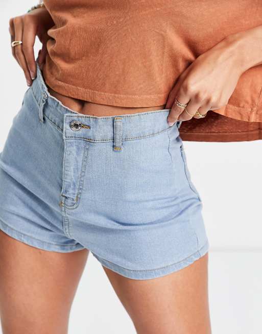 DTT Charlotte high waisted disco denim shorts in light blue