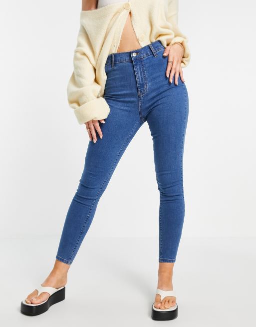 DTT Chloe high rise disco stretch skinny jeans in mid wash blue