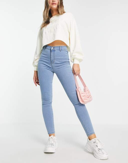 DTT Chloe high waist disco stretch skinny jeans in light wash blue